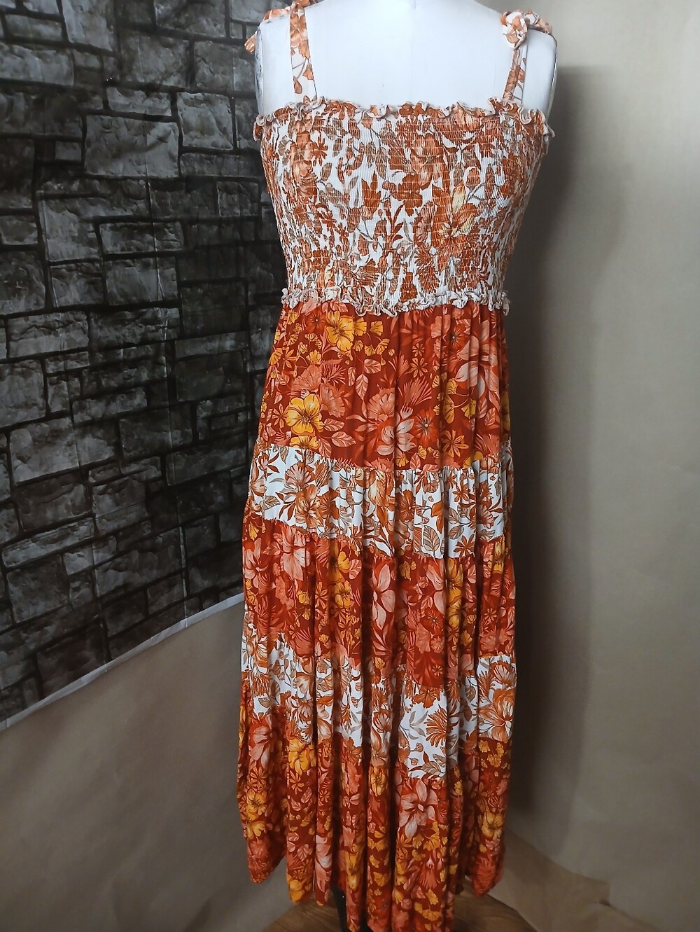 Abel The Label Rust Floral Smocked Maxi Dress with Ruffle Straps